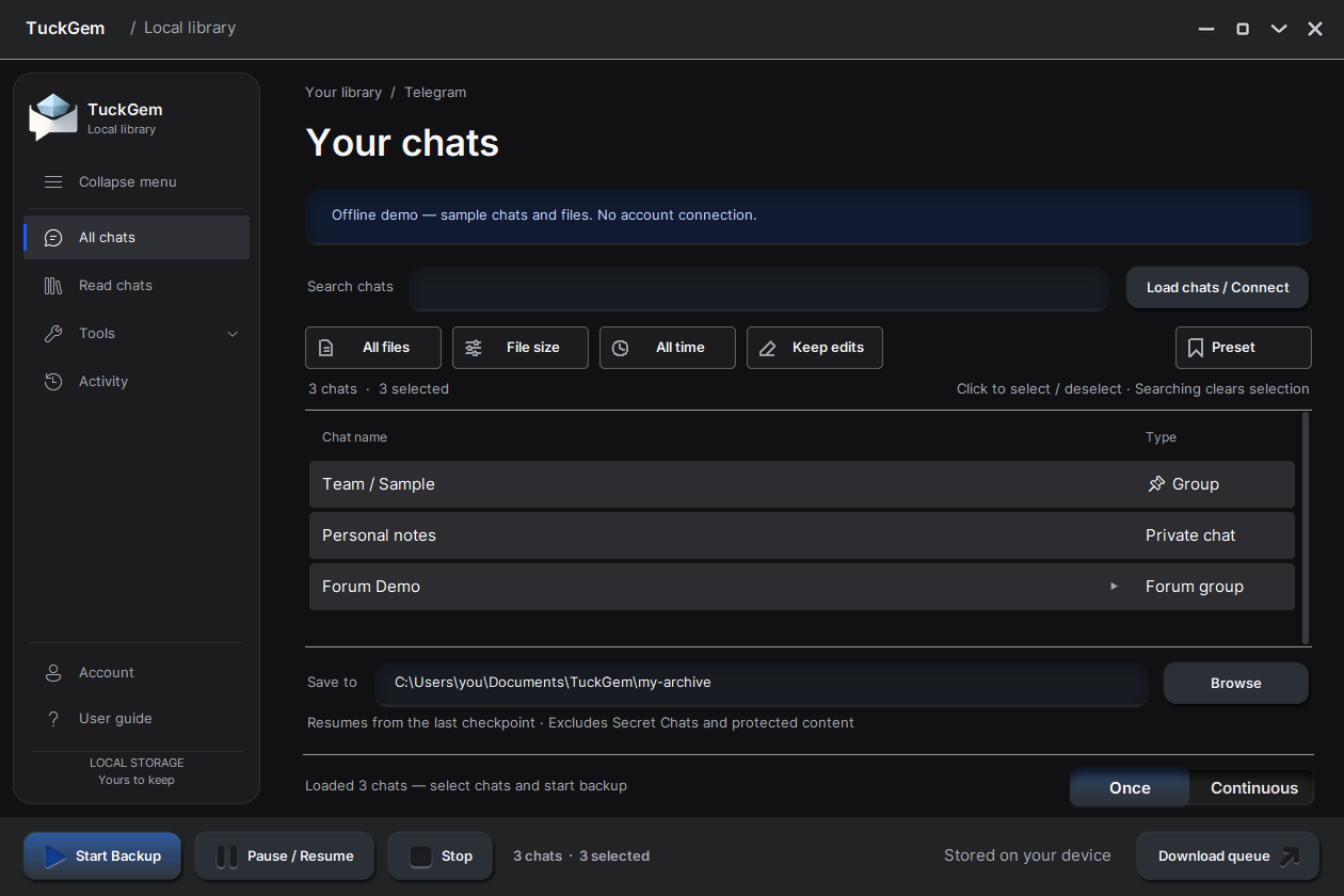 TuckGem’s chat list with three sample chats selected and the Start Backup button