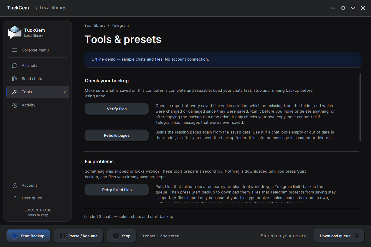 The Tools page: Check your backup and Fix problems