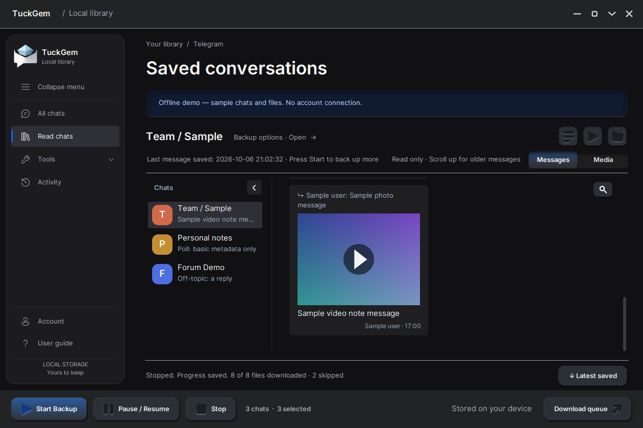 TuckGem’s reader showing a saved sample conversation