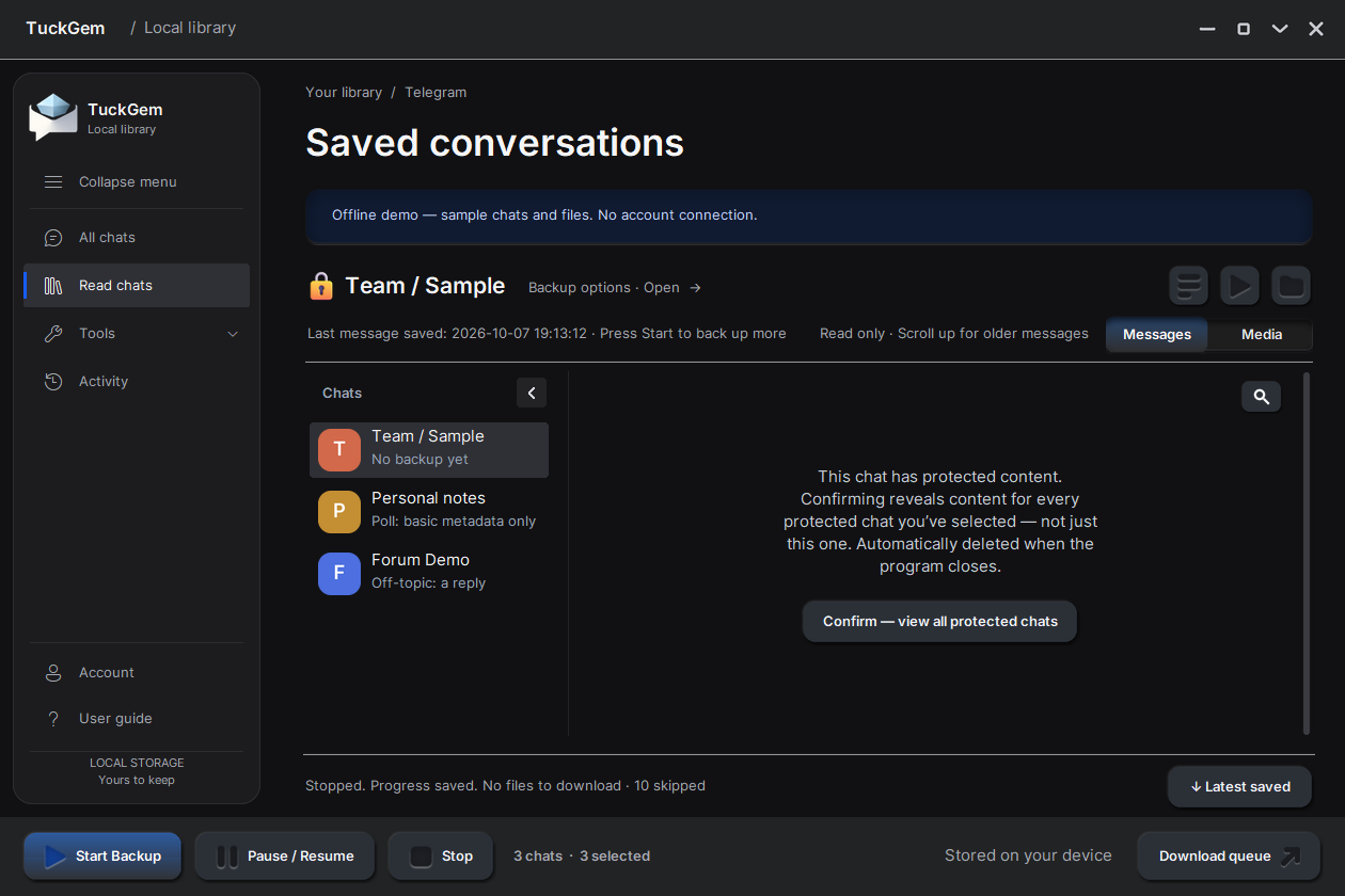 A protected chat before confirming, with the button “Confirm — view all protected chats”